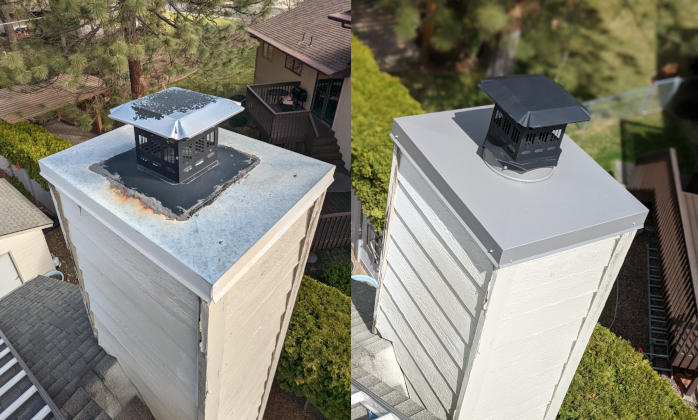 Before and after replacing an old rusted chimney chase cover